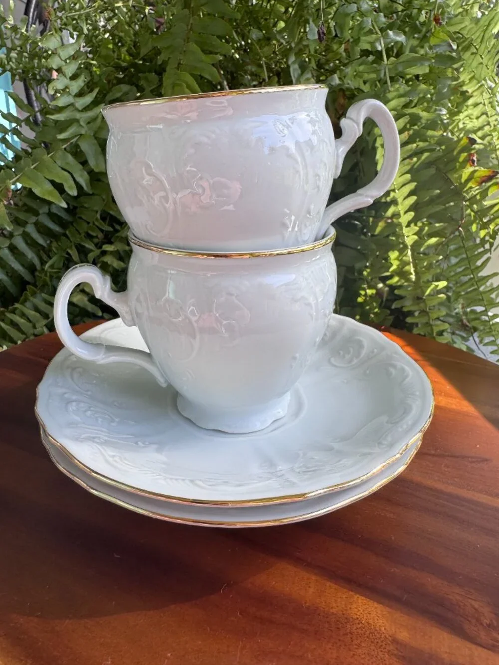Vintage Bernadotte Czech Republic White Porcelain Teacup Saucer Set, Gold Rim